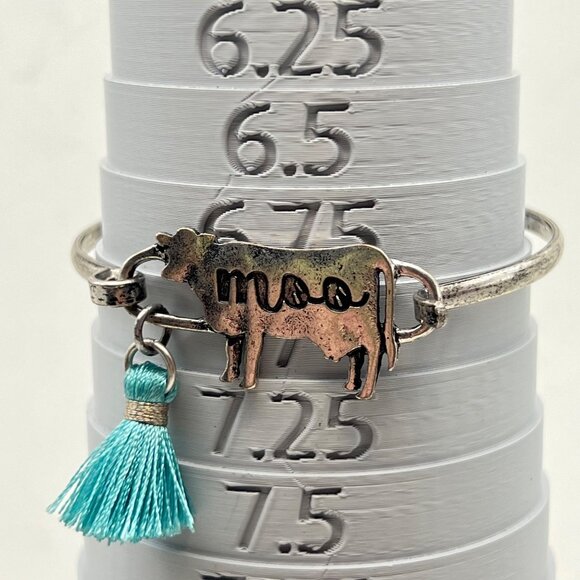Cow Charm Silver Bangle Bracelet Moo Teal Tassel 7" Western Rancher Dairy Farmer - Picture 3 of 7